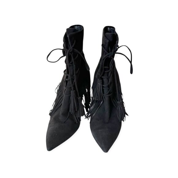 AQUAZZURA Mustang 105 Fringe Heeled‎ Ankle Boots In Black Suede, Size 37 EU - Picture 3 of 12